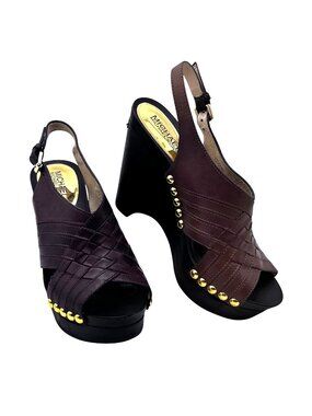 Michael Kors Brown Leather Wedge Platform Sandals Womens 7.5M Gold Studs & Logo